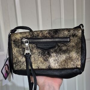 Aimee Kestenberg Gold And Black Leather Purse With Shoulder Strap NWT